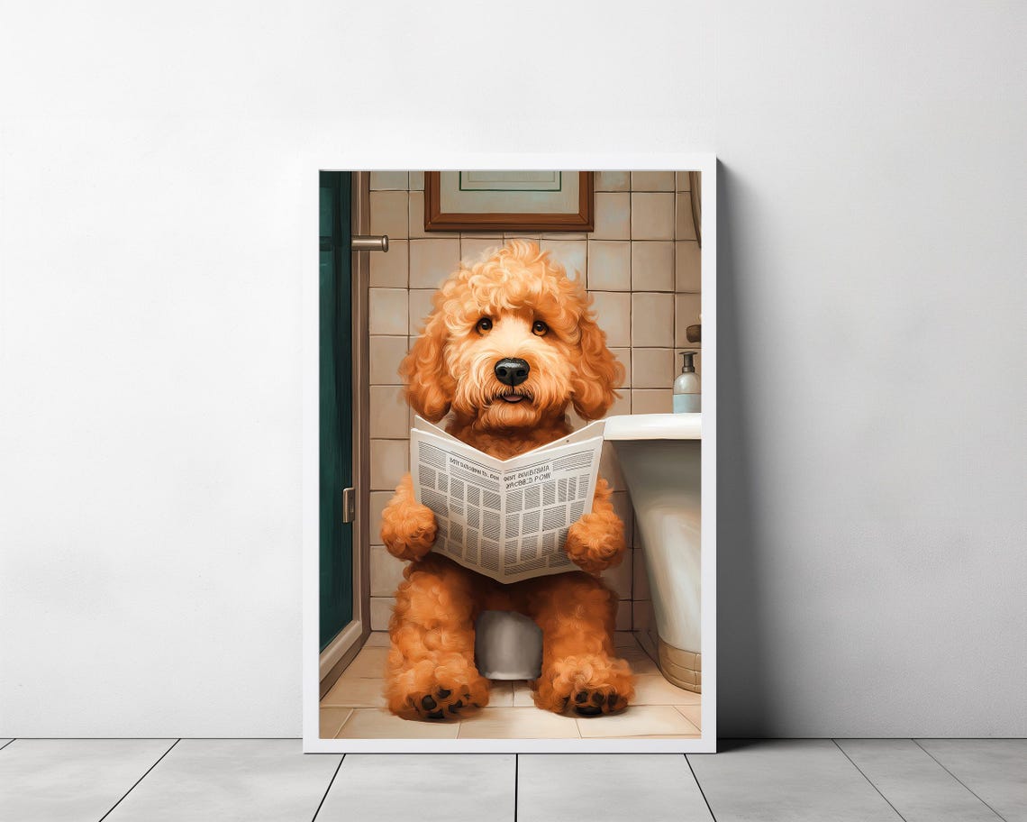 Cockapoo Sitting on Toilet Reading Newspaper Funny Dog Poster - Image 3