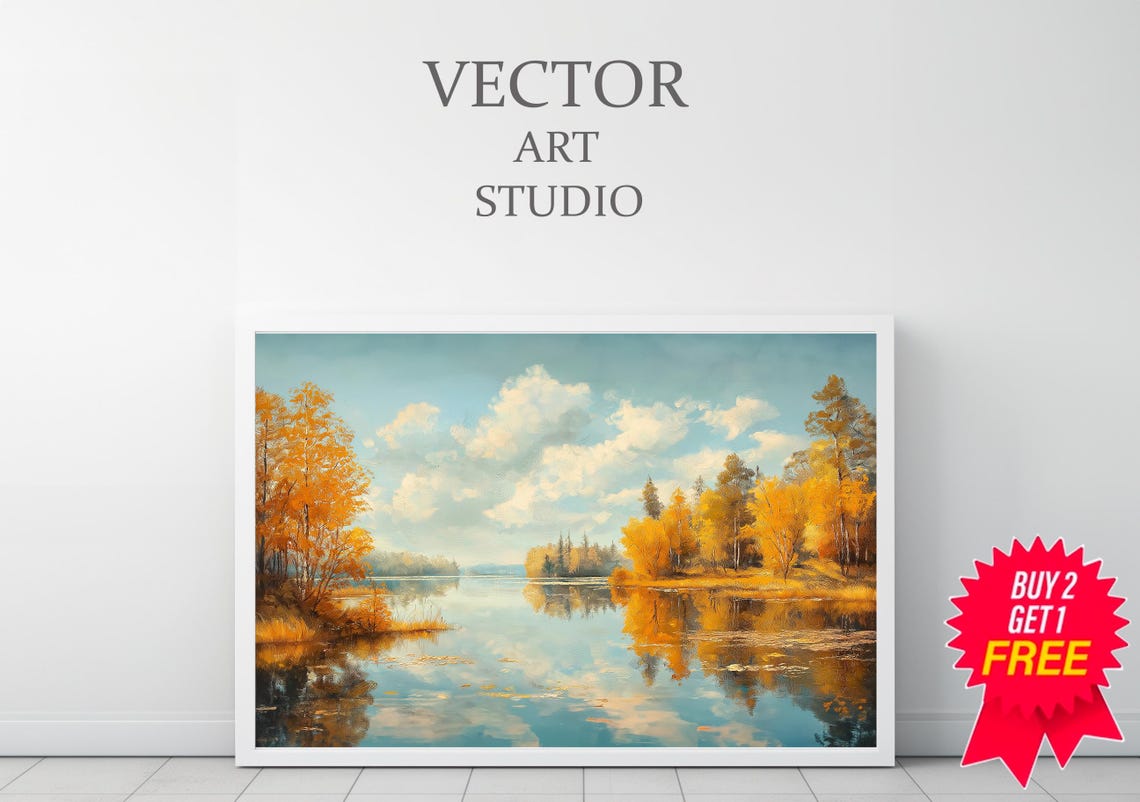 Golden Birch Trees Mirrored in a Still Lake With Clouds Poster - Image 3