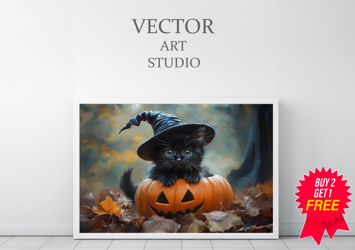 Black Kitten in Witch Hat on Pumpkin Vintage Halloween Poster - Image 3