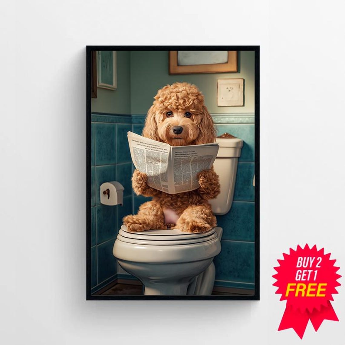 Labradoodle Reading Newspaper on Toilet Funny Bathroom Poster - Image 4