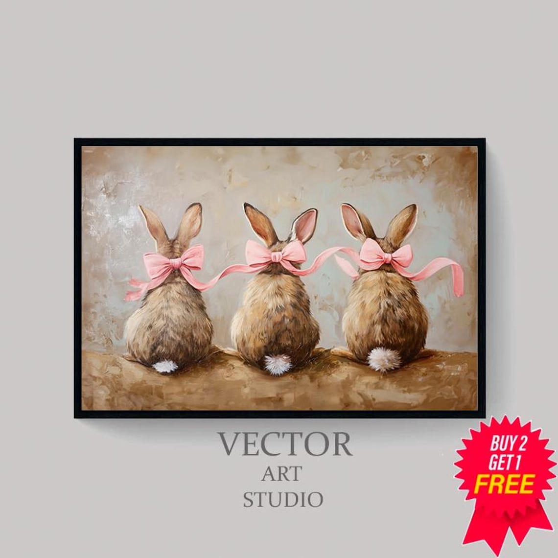 Three Bunnies With Pink Bows Seen From Behind Vintage Easter Poster - Image 4
