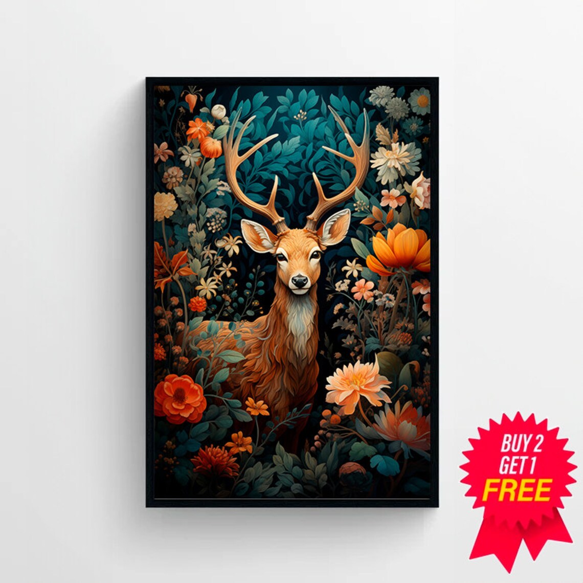 Deer Among Orange and Teal Flowers Lush Floral Nature Portrait Art Poster - Image 4