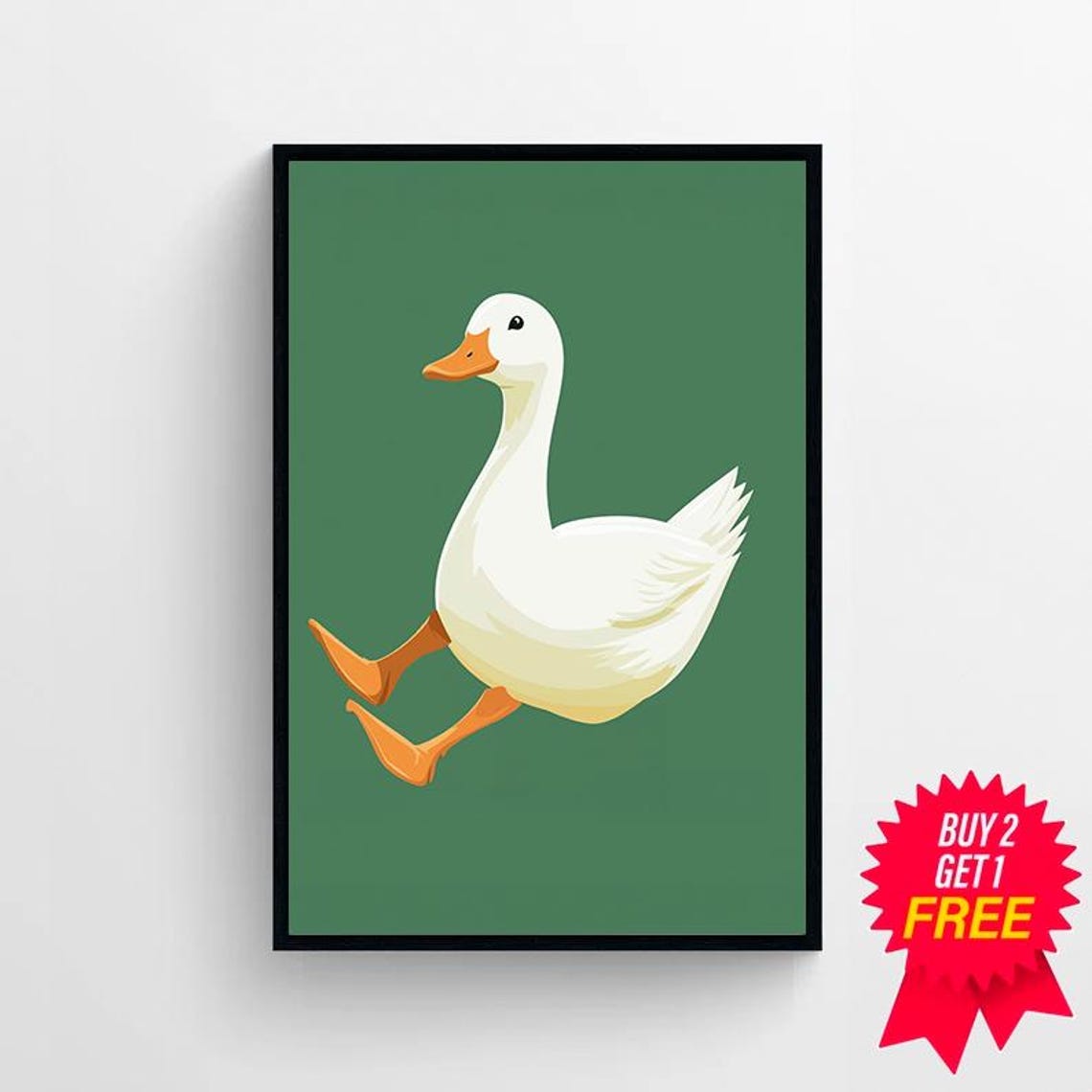 Cute White Goose Running on Dark Green Vector Nursery Poster - Image 4