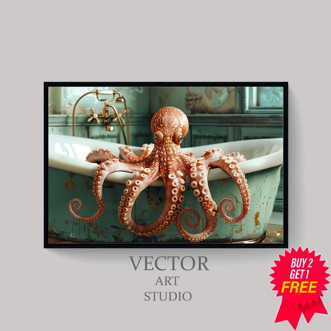 Funny Bathroom Wall Art Octopus In The Bathtub Oil Painting Octopus Wall Art Animal In Bathtub Dark Humor Whimsy Animal Art - Image 4