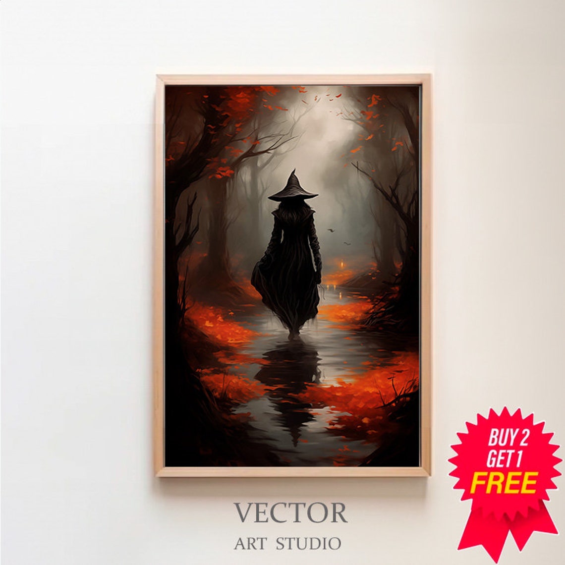 Lone Witch Walking Through a Misty Red Autumn Creek Path Poster