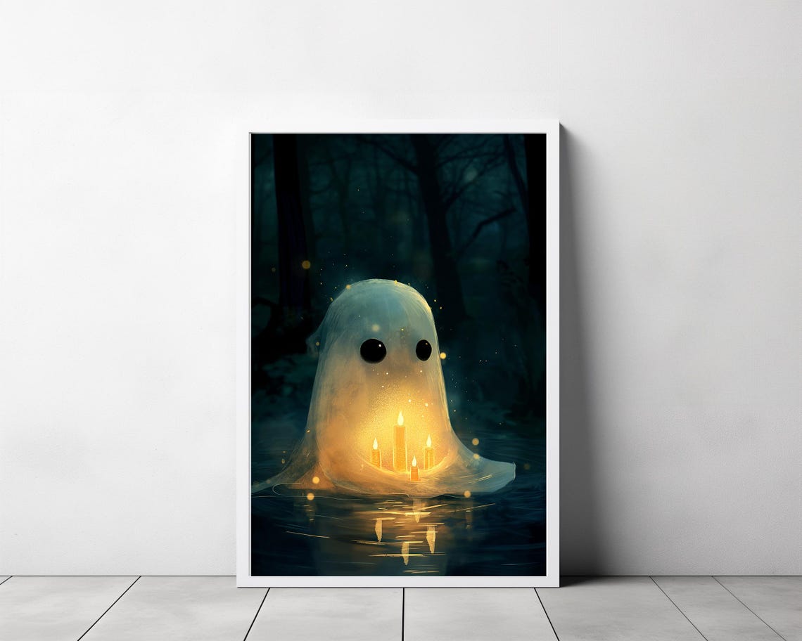 Cute Glowing Ghost with Candles Floating on Dark Water Poster - Image 3