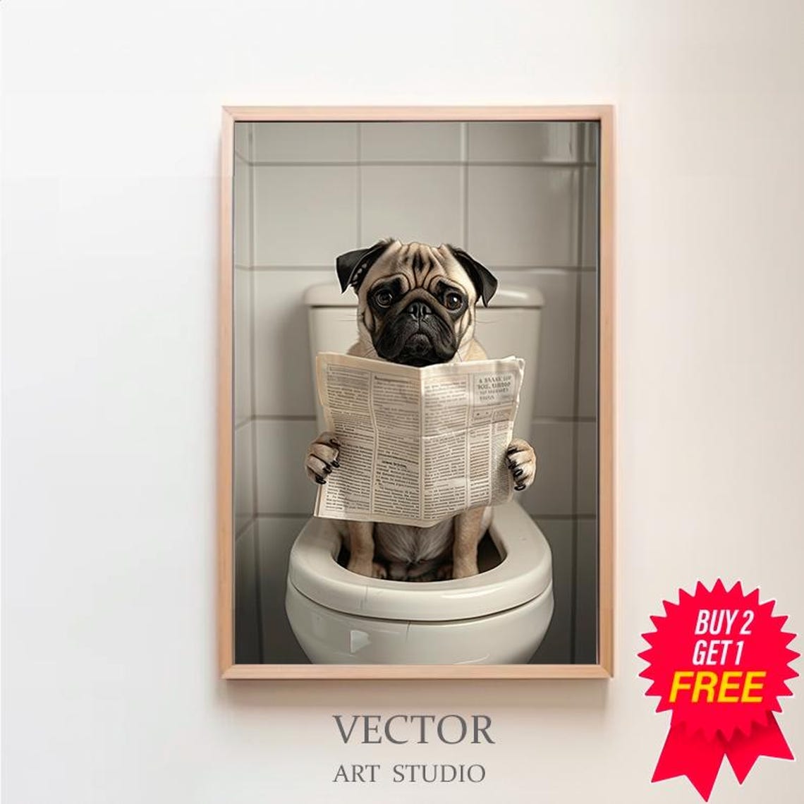 Pug Front View Reading Newspaper on Toilet Funny Bathroom Poster