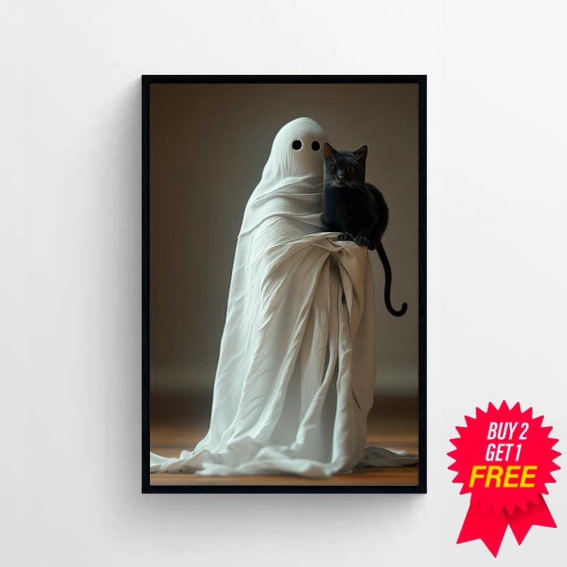 Cute Ghost Holding A Black Cat Spooky Sweet Halloween Art Poster - Image 4