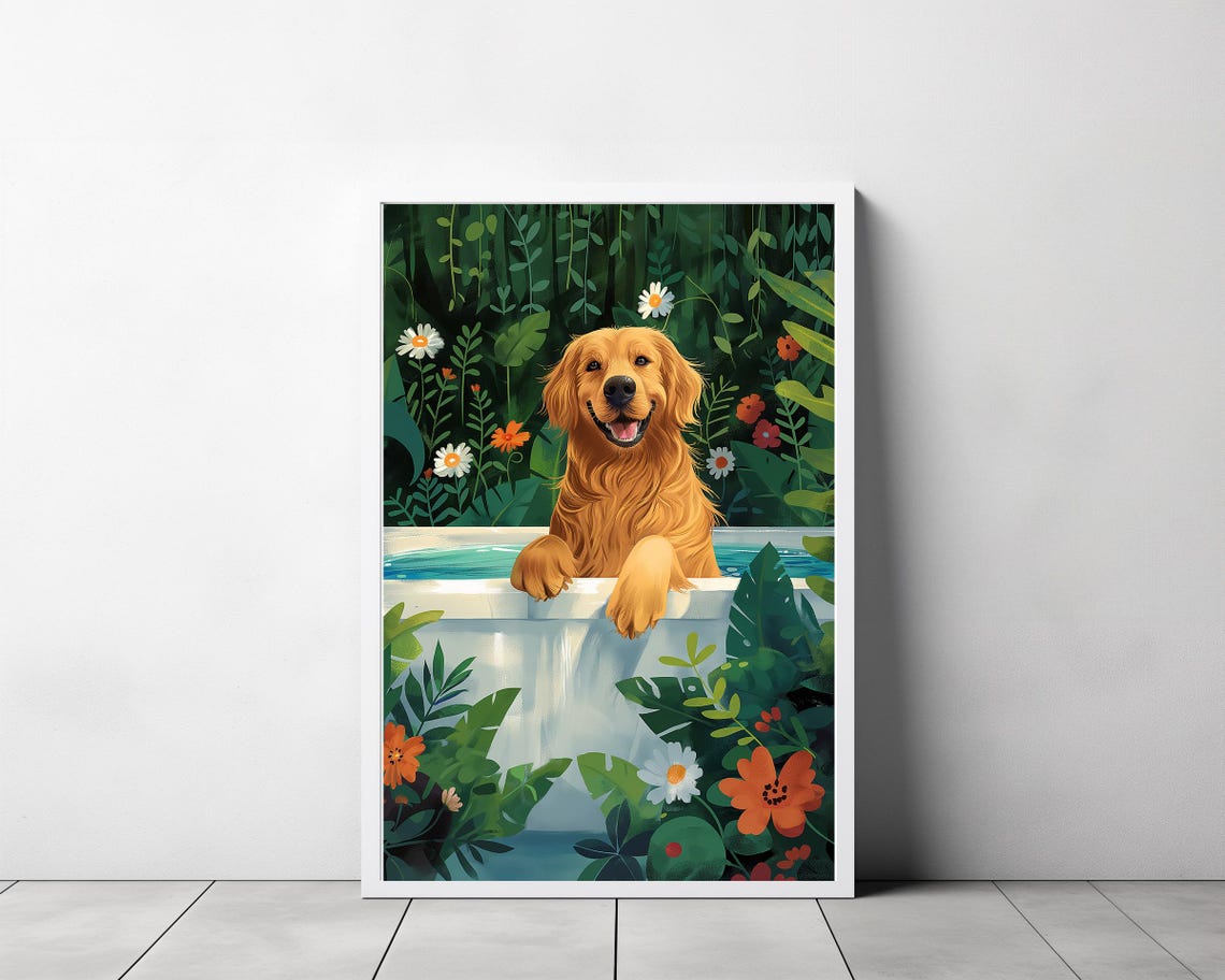 Golden Retriever Leaning Over Bathtub Edge Daisy Garden Wall Poster - Image 3