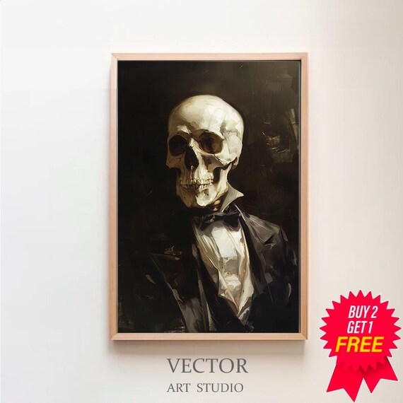 Skeleton Wearing Bow Tie Painted In Dark Renaissance Portrait Style Poster