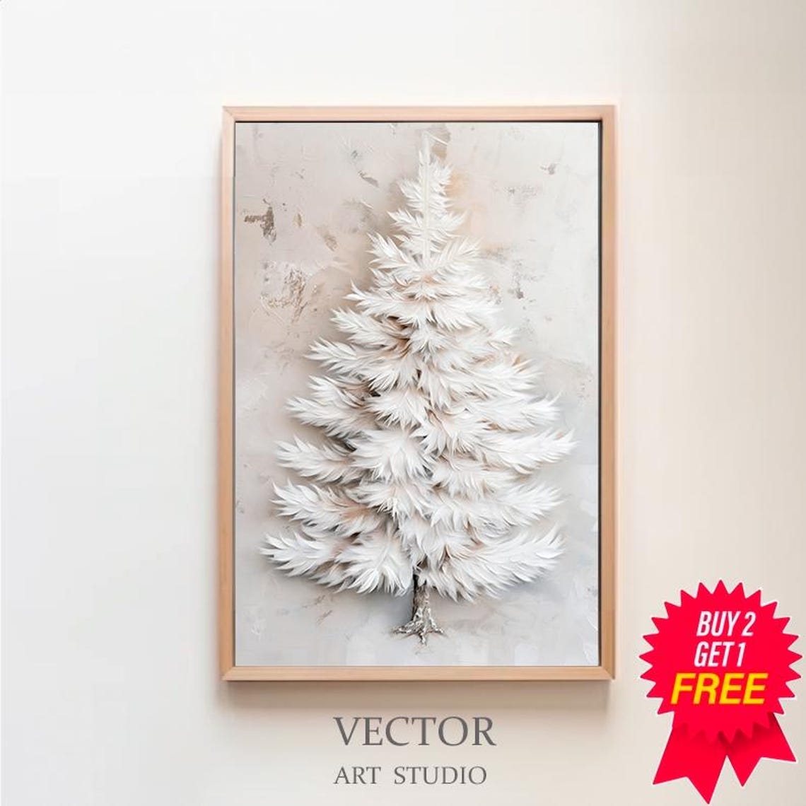 White Feather Christmas Tree Soft Neutral Holiday Decor Poster