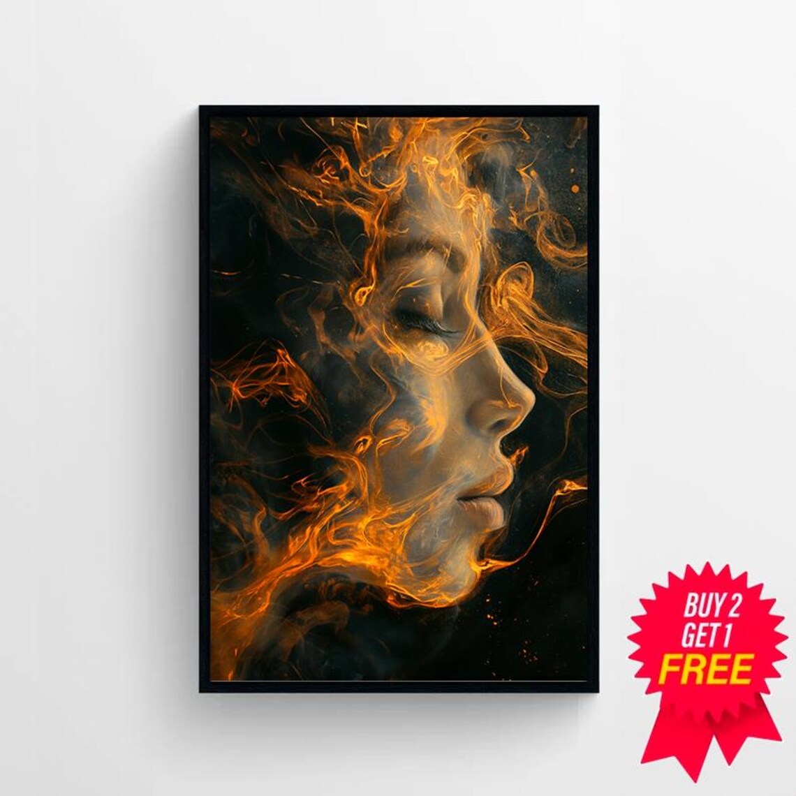 Golden Flame Woman Profile Portrait Surreal Dark Phoenix Art Poster - Image 4
