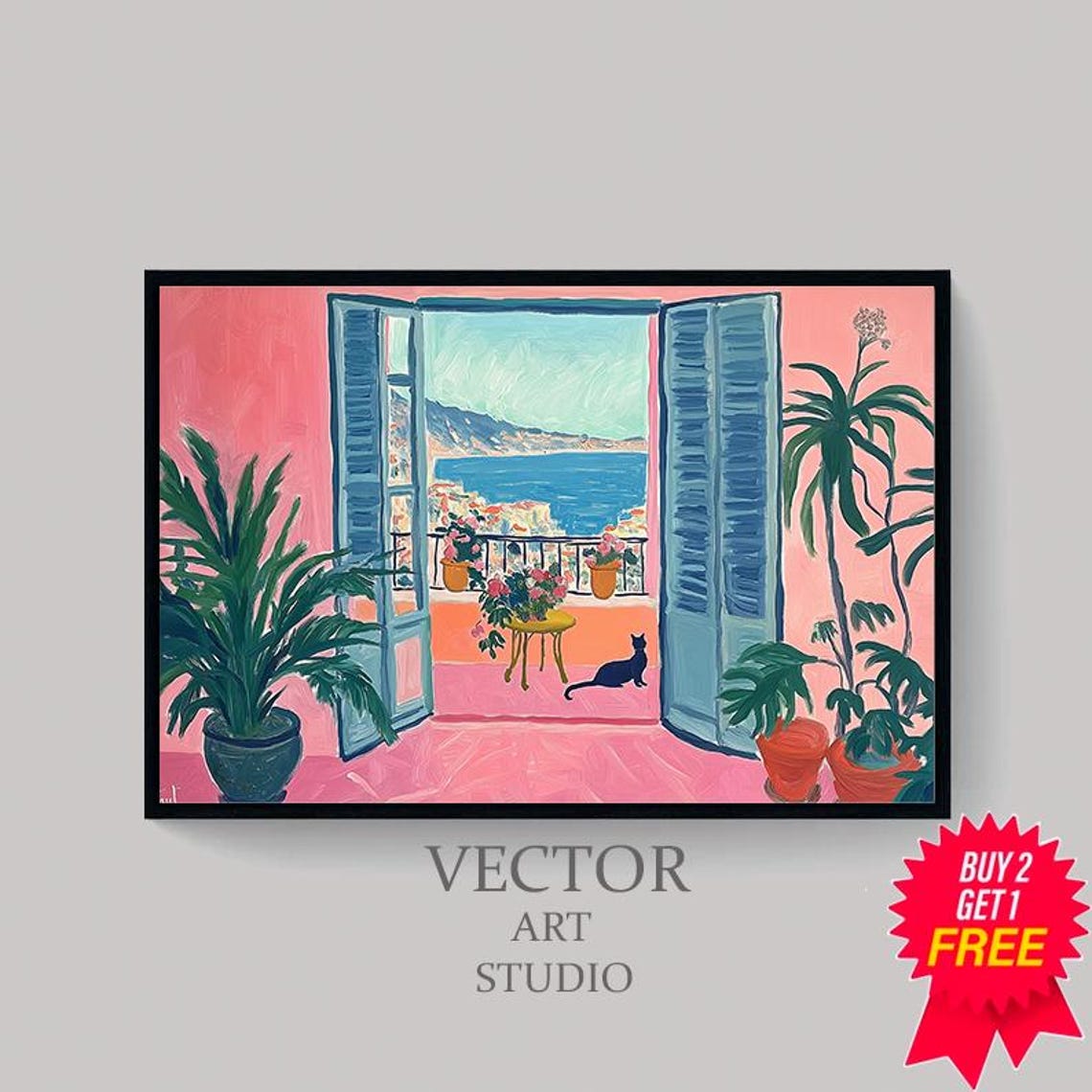 Pink Coastal Room with Black Cat Palms and Sea View Art Print - Image 4