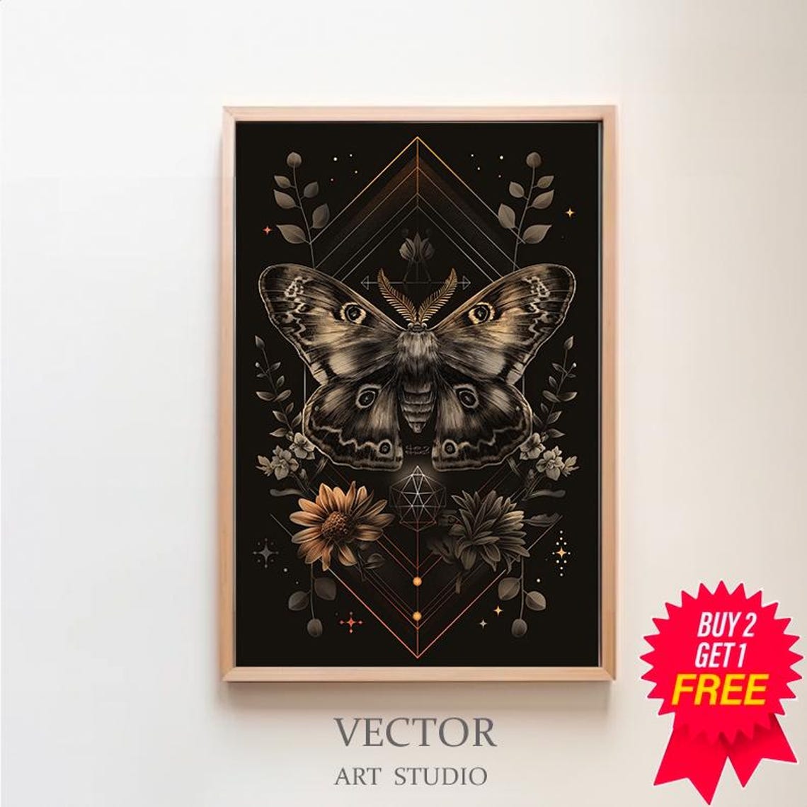 Art Nouveau Golden Moth with Sacred Geometry on Black Mystical Poster