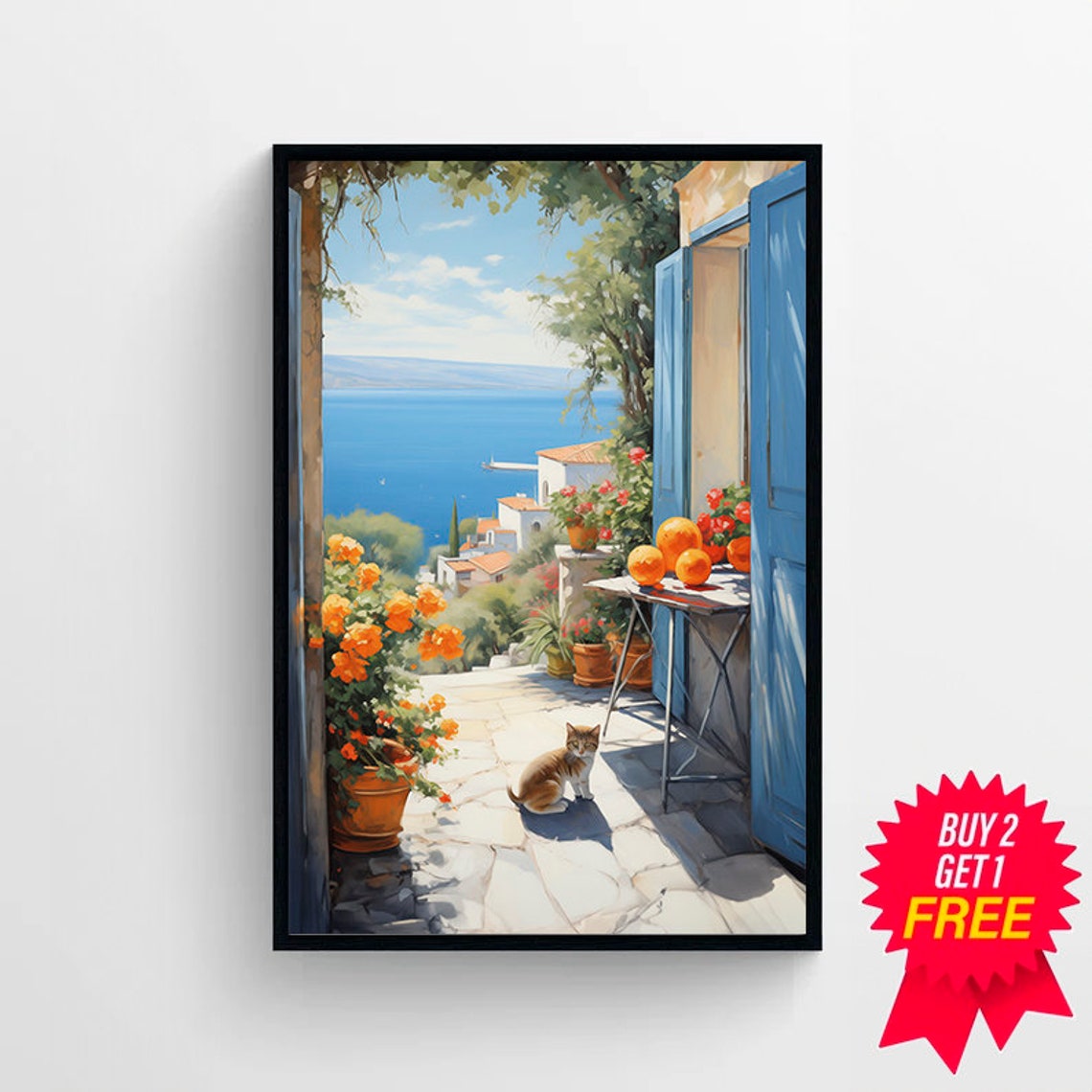 Amalfi Coast Terrace Blue Doors Mediterranean Sea View Travel Poster - Image 4