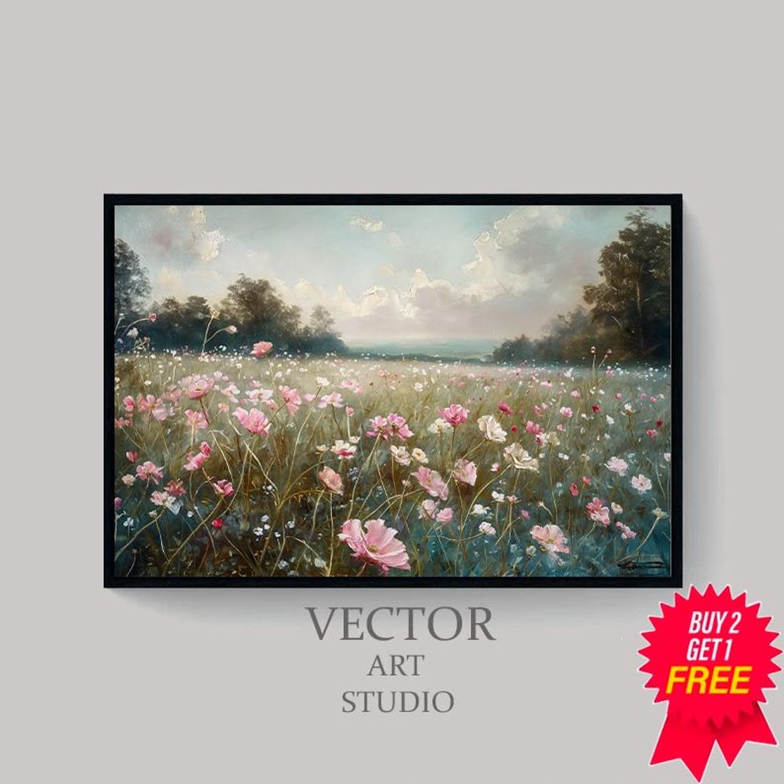 Pink and White Cosmos Meadow Under Soft Blue Sky Vintage Floral Poster - Image 4