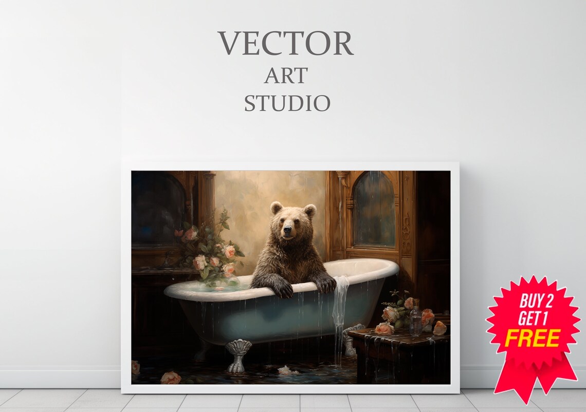 Brown Bear Relaxing in Vintage Clawfoot Bathtub Funny Animal Art Poster - Image 3