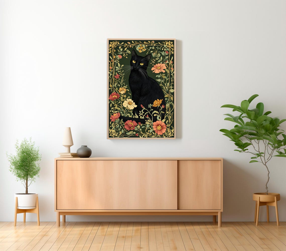 Black Cat in William Morris Style Botanical Garden Art Poster - Image 2