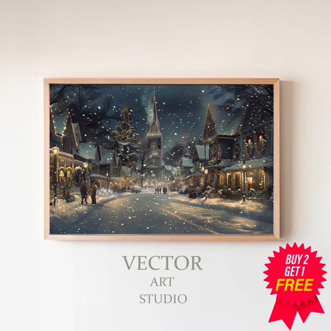 Christmas Village Night Street Snow Church Steeple Lights Poster