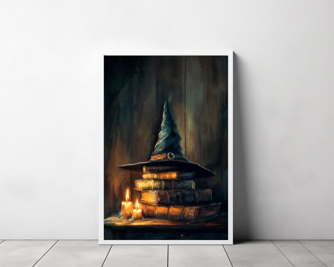 Witch Hat on Stack of Spell Books with Candles Halloween Poster - Image 3