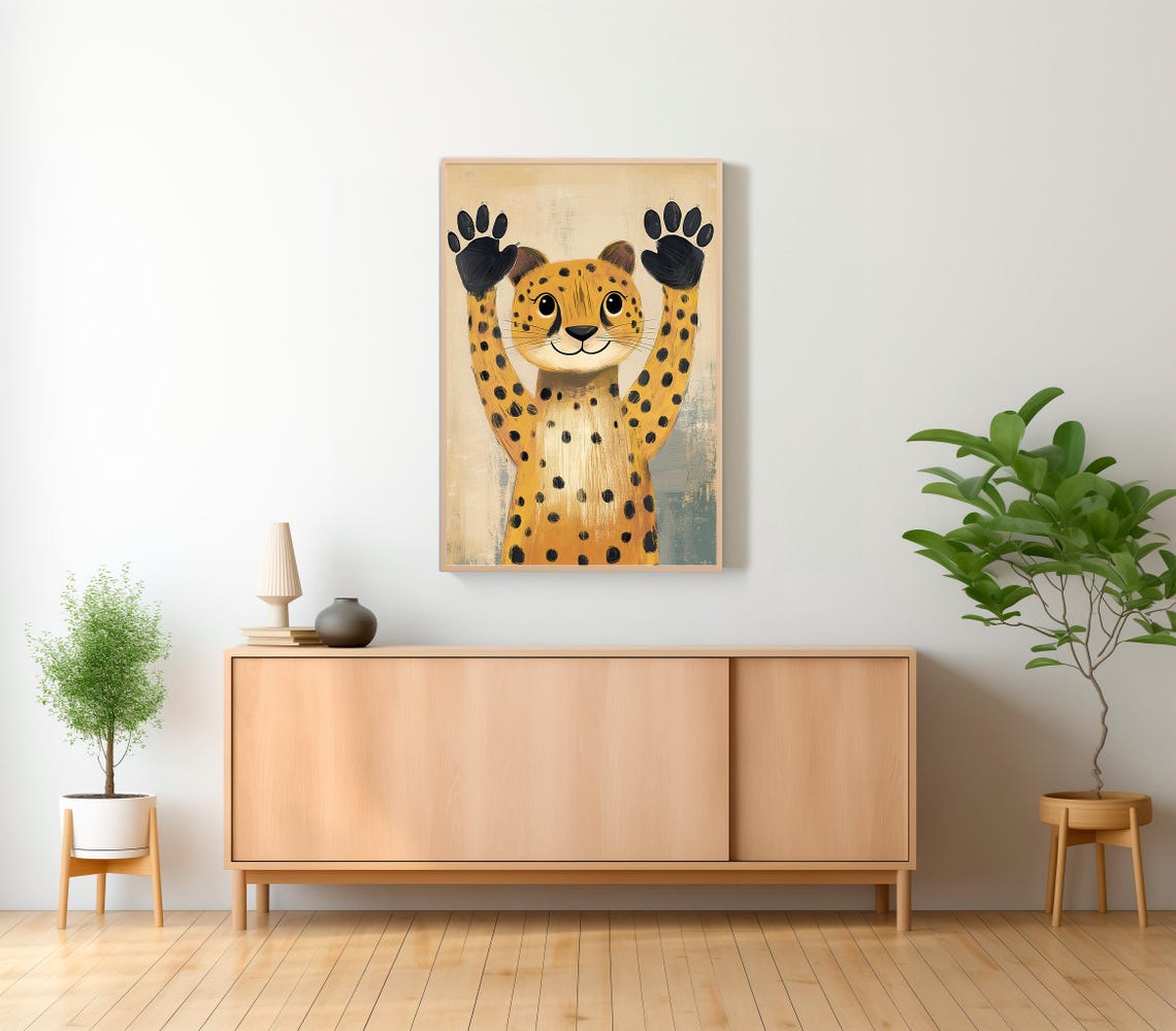 Smiling Cheetah Cub Waving Its Paws on a Warm Nursery Poster - Image 2