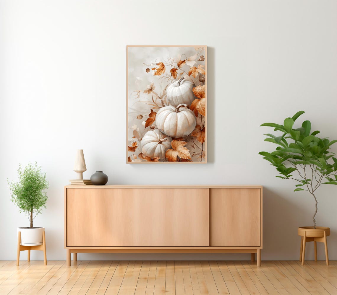 White Pumpkins And Autumn Leaves Fall Farmhouse Decor Art Poster - Image 2