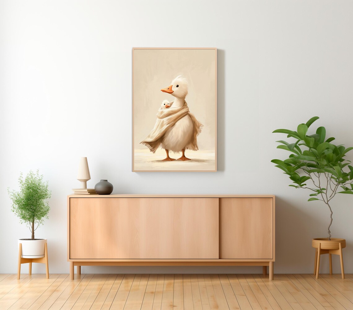 Mother Duck Wrapped in Cream Blanket with Baby Sweet Nursery Poster - Image 2