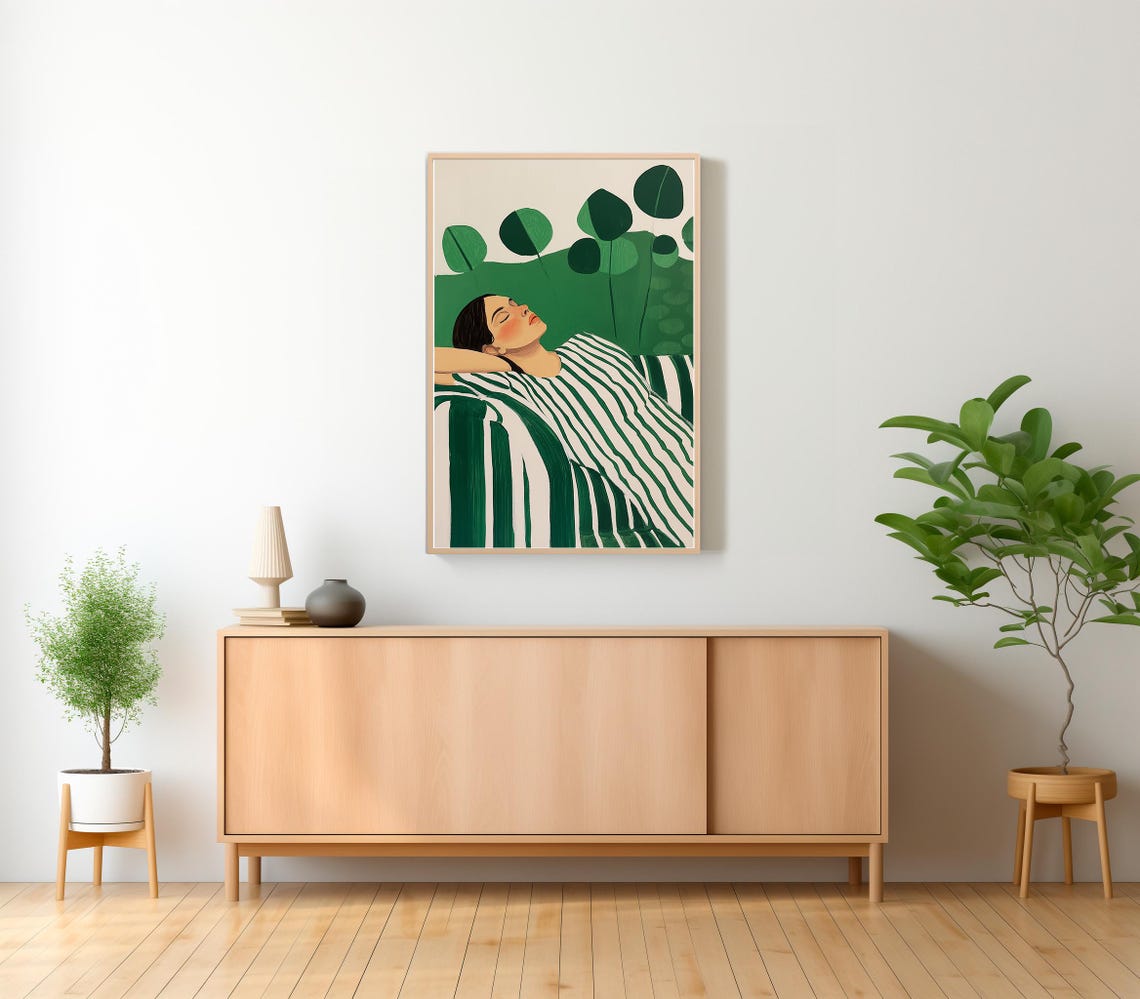 Modern Emerald Green Abstract Woman Resting Among Leaves Poster - Image 2
