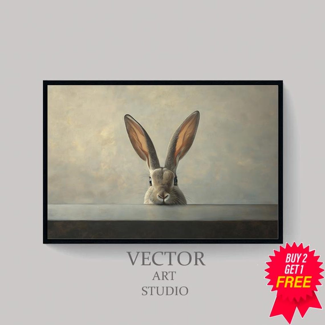 Curious Bunny Peeking Over a Dark Ledge Moody Animal Painting Poster - Image 4