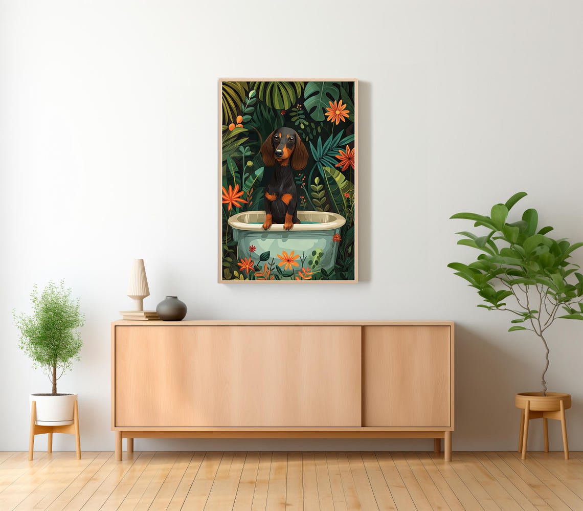 Black and Tan Dachshund Puppy Bath Time Blue Tub Botanical Poster - Image 2