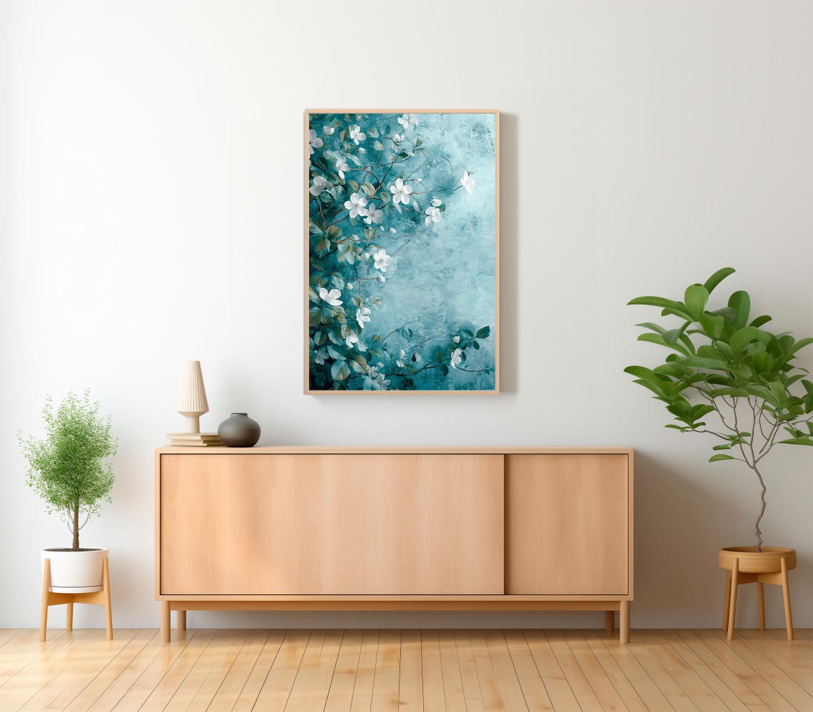White Spring Blossoms on Teal Textured Background Botanical Poster - Image 2