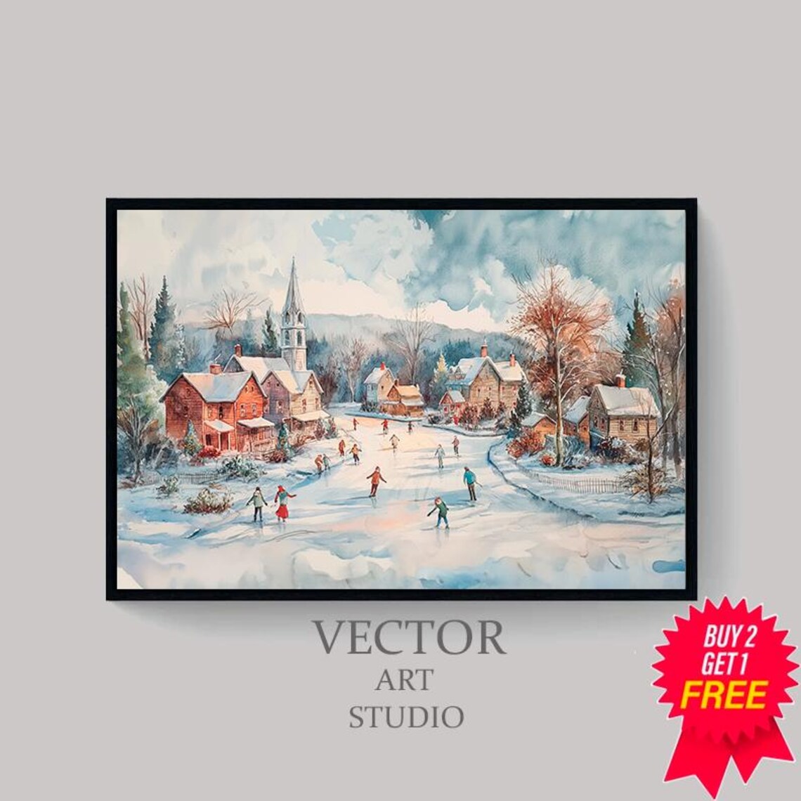 Snowy Village Ice Skating Pond Watercolor Winter Christmas Poster - Image 4