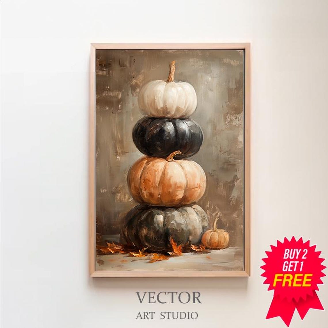 Stacked Pumpkins in White Black and Beige Fall Harvest Poster