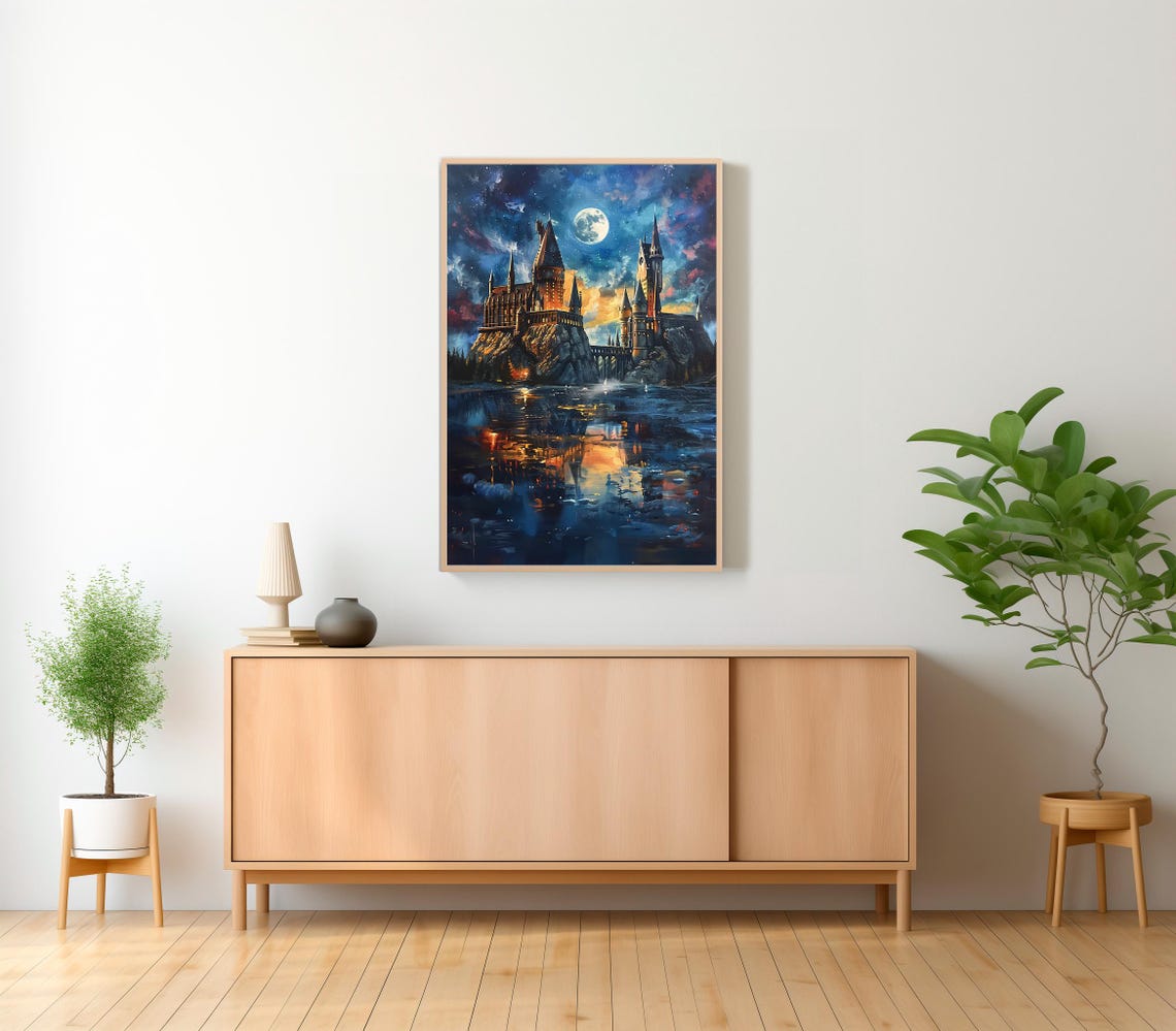 Full Moon Over Wizard Castle Lake Reflection Night Fantasy Art Print - Image 2