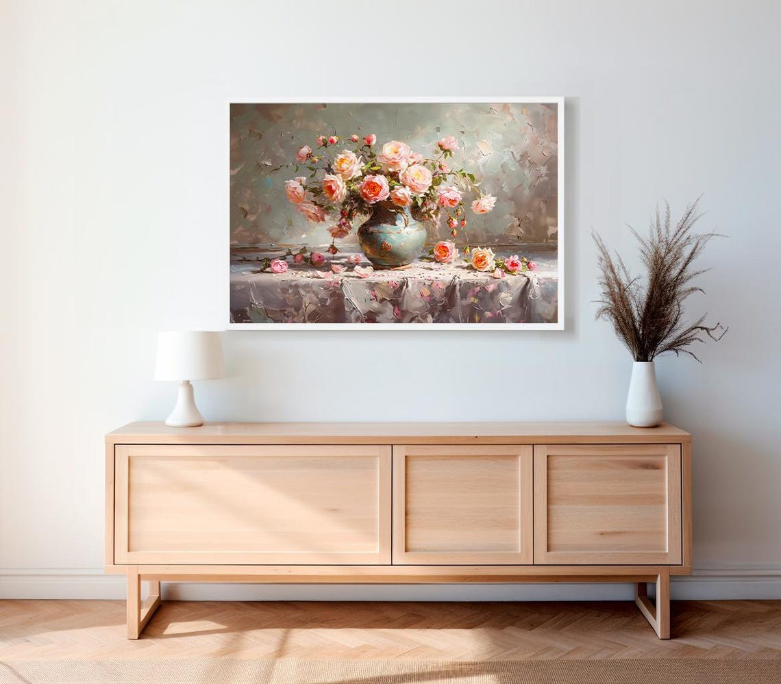 Frame Tv Art Pink Flowers Still Life Dark Moody Floral Tv Picture Tv Art Spring Frame Tv Art Mothers Day Pink Roses - Image 2