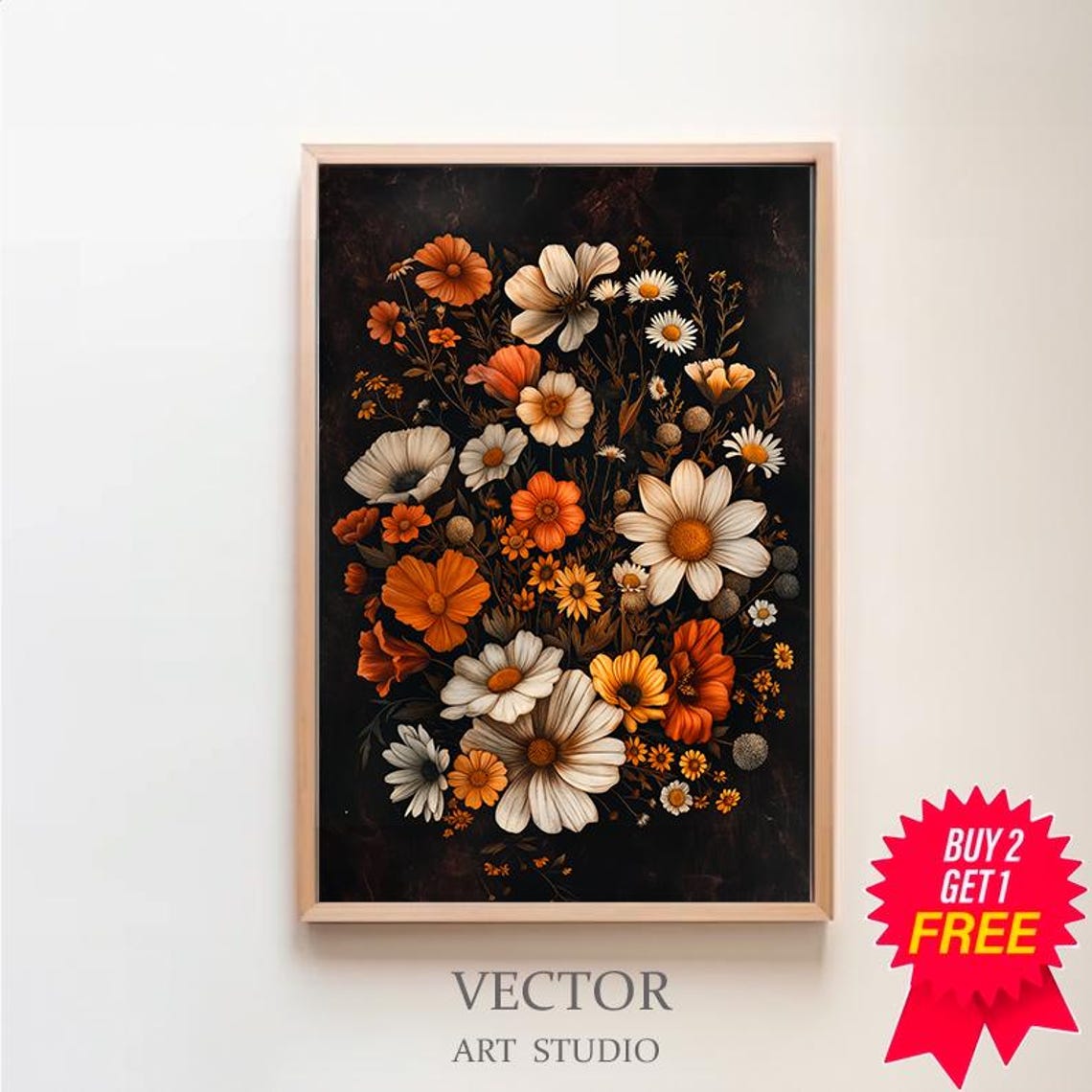 Orange White Wildflower Bouquet Moody Dark Floral Art Poster
