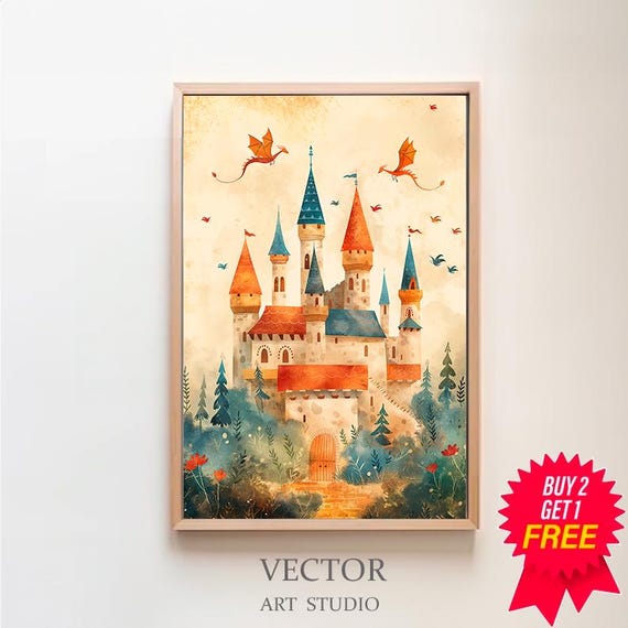 Fantasy Castle And Dragon Print Kids Posters Decor Whimsical Fairytale Art Magical Kingdom Instant Nursery Wall Art