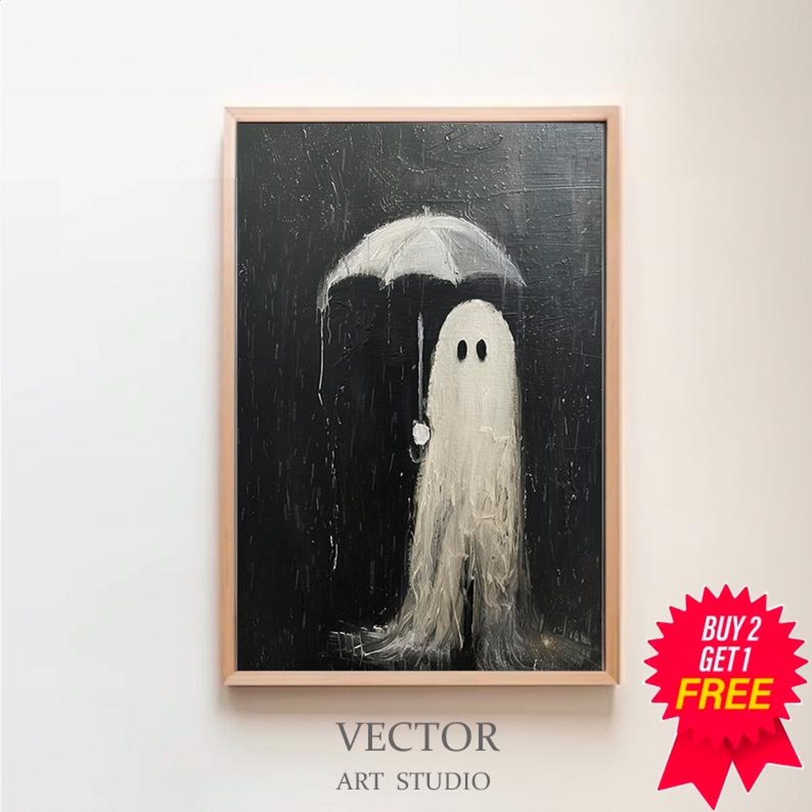 Cute Ghost with Umbrella in Rain Dark Haunting Halloween Art Poster