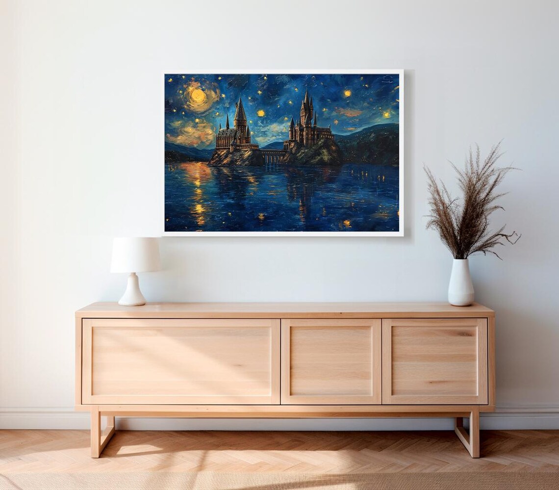 Starry Night Wizard Castle Over Moonlit Lake Fantasy Art Print - Image 2