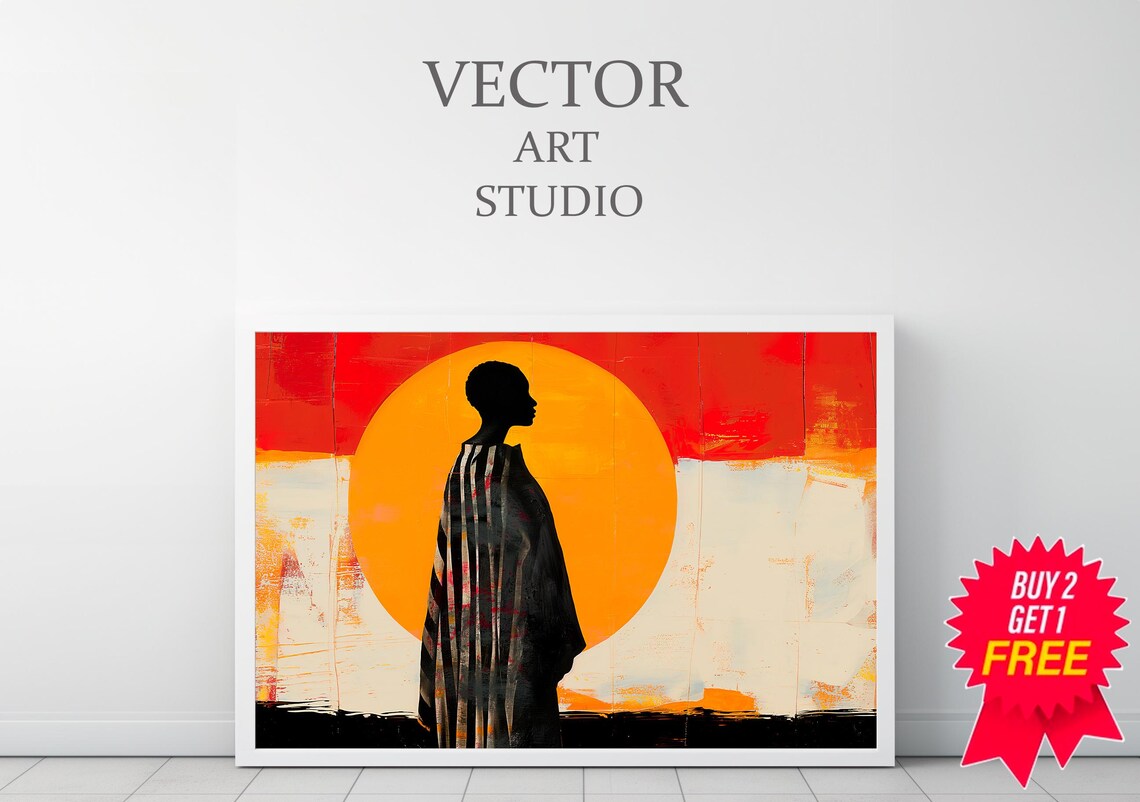 Woman Silhouette Sunset Orange Sun Contemporary Abstract Poster - Image 3