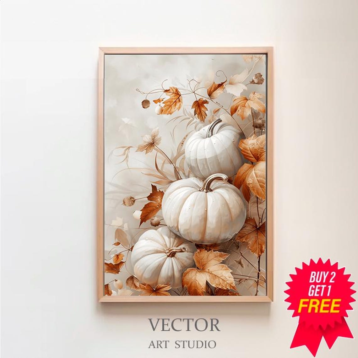 White Pumpkins And Autumn Leaves Fall Farmhouse Decor Art Poster