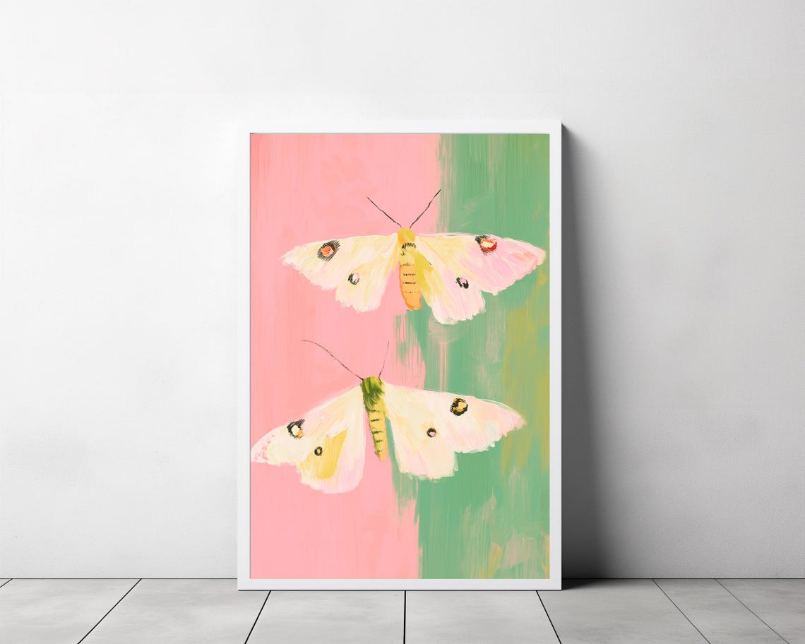 Two Delicate White Moths Pink Green Botanical Insect Art Poster - Image 3