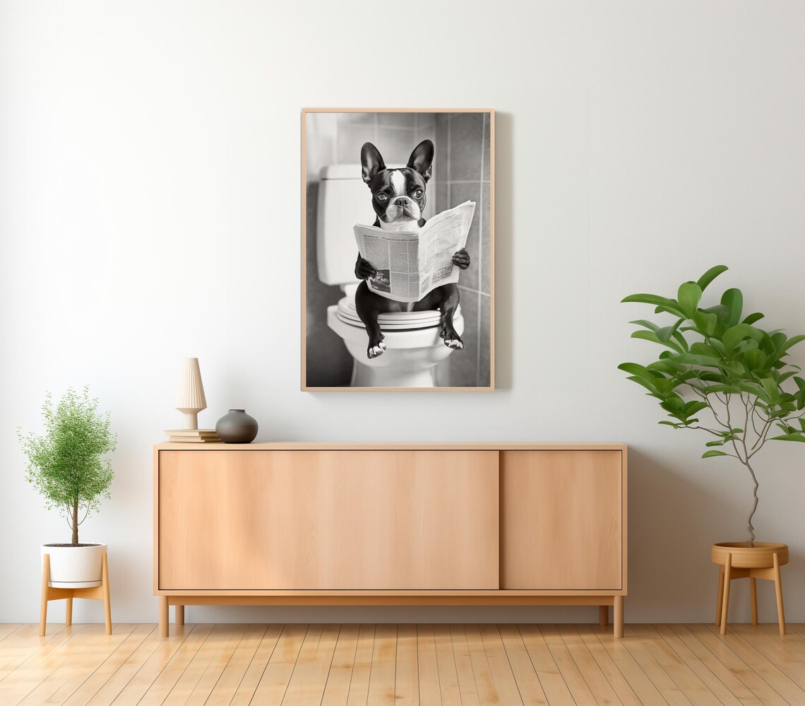 Boston Terrier Sitting on a Toilet Reading the Newspaper Poster - Image 2