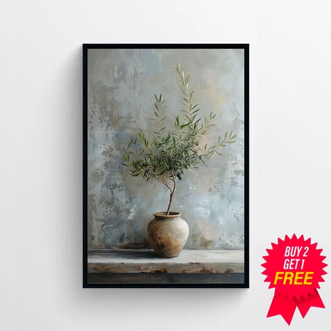 Young Olive Tree in a Rustic Clay Vase on a Textured Grey Wall Poster - Image 4