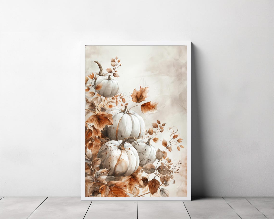Stacked White Pumpkins With Fall Leaves Watercolor Art Poster - Image 3