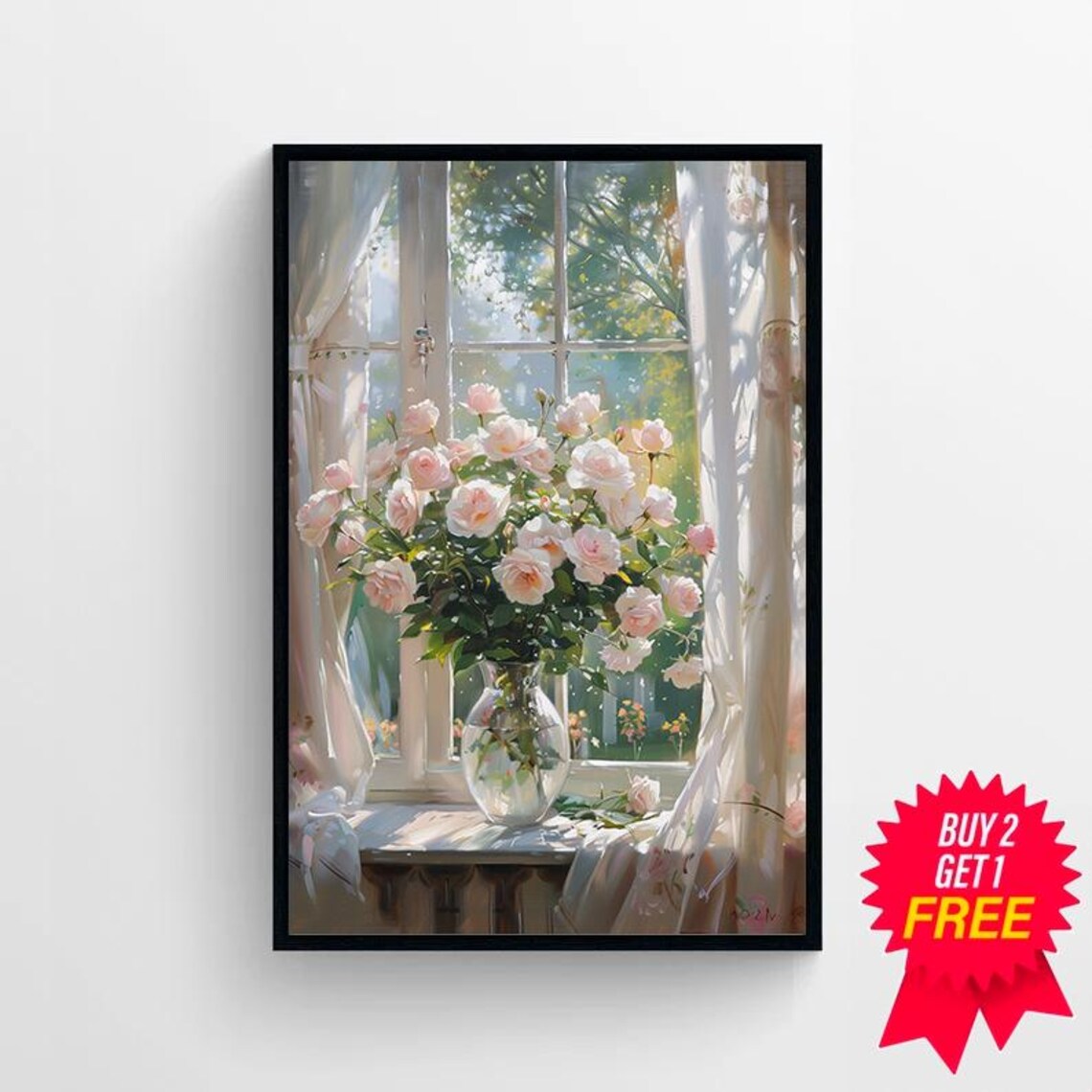Pink Roses Bouquet in Glass Vase Sunny Garden Window Art Poster - Image 4