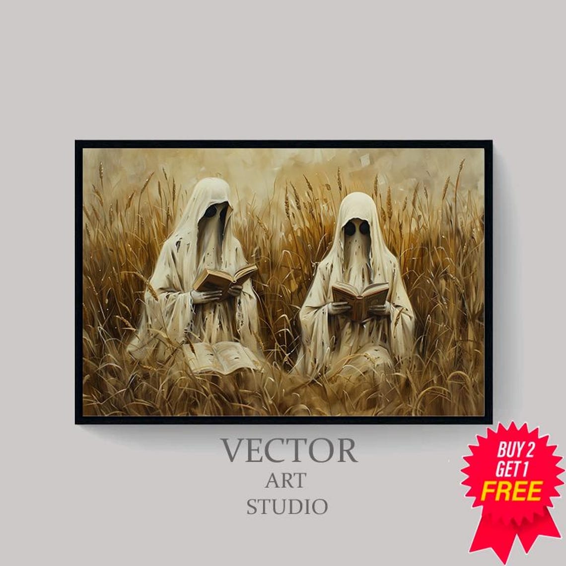 Two Spooky Ghosts Reading Books In A Wheat Field Fall Art Poster - Image 4