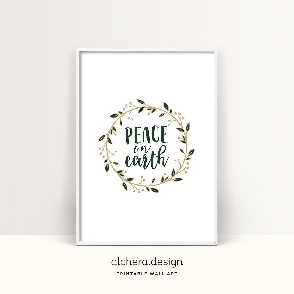 Peace on Earth Christmas Wreath Gold Botanical Holiday Poster