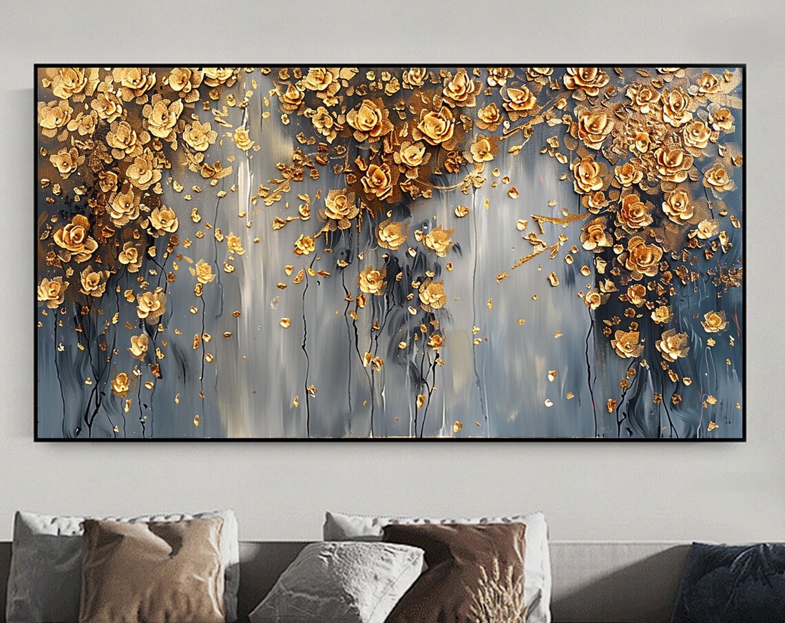 Custom Abstract Gold Flower Oil Painting, Boho Art Print