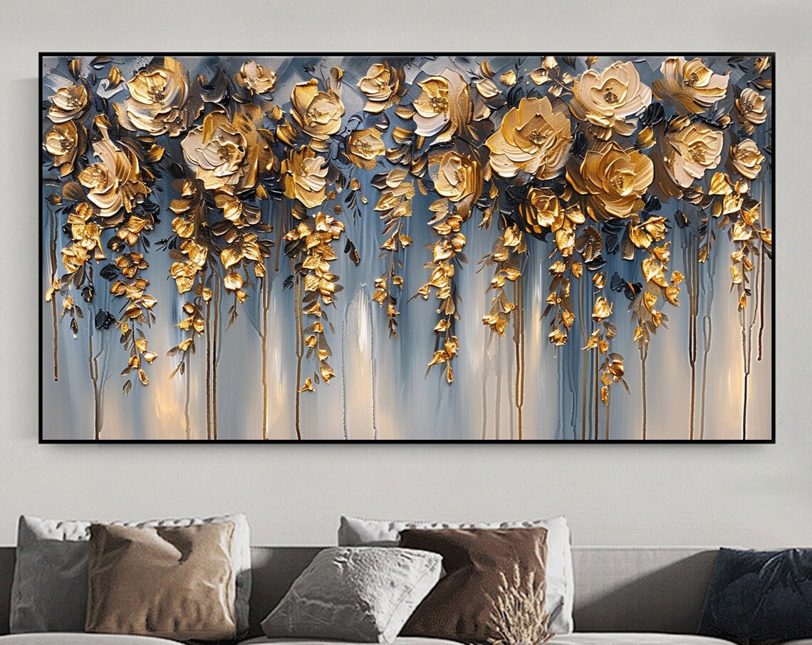 Golden Hanging Flowers Blue Gray Elegant Floral Canvas Poster